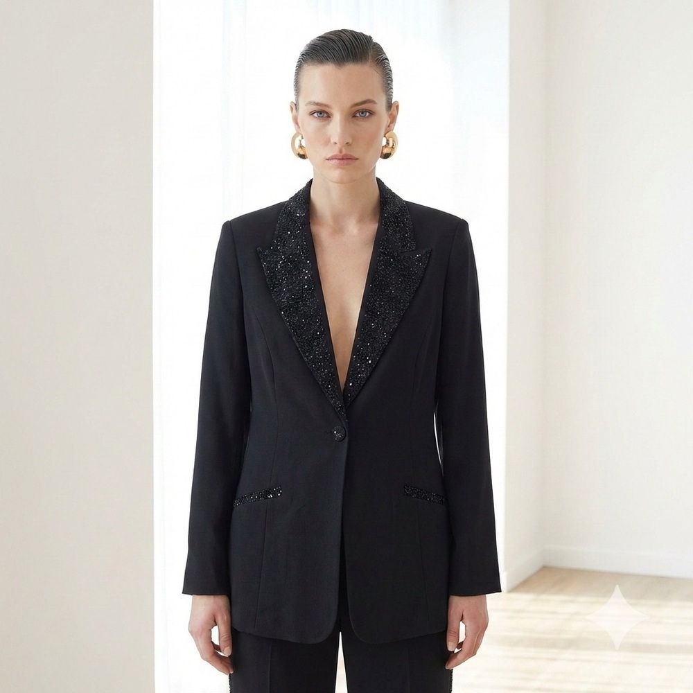 Vintage Bloomingdale's 90s Black Silk Sequin Tuxedo Suit Set - Large Tall